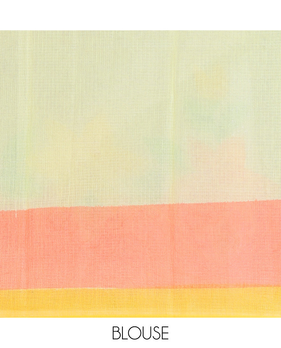 Yellow Kota Doria Saree, Adorned with 6-Petal Floral Print, a Contrast Border, and a Matching Blouse