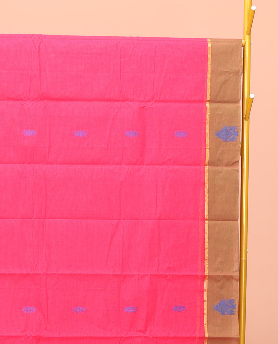 Pink Kanchi Cotton Saree, Detailed with Buttas All Over Its Body, Complemented by Contrast Border, Intricately Thread-Designed Pallu, and Paired with a Matching Blouse