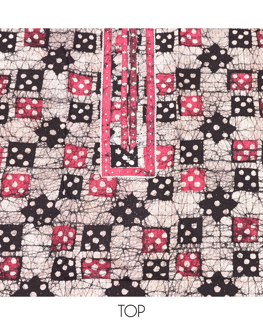 Black-Pink Cotton Material Churidar Set, Accentuated with Batik-Printed Top, Contrast Batik Bottom, and a Batik-Printed Dupatta