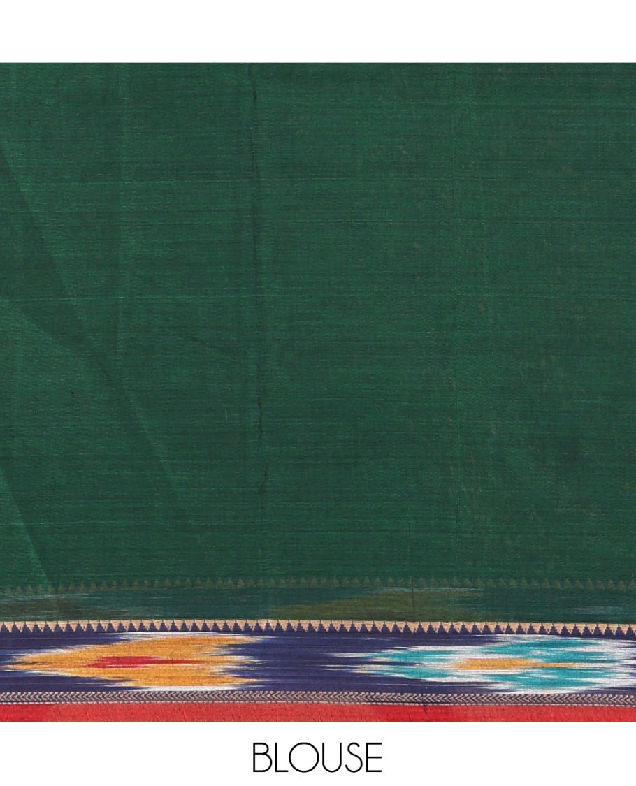 Green Plain Mercerised Cotton Saree, a Contrast Ikat Border, an Ikat Weave Pallu, and a Matching Blouse