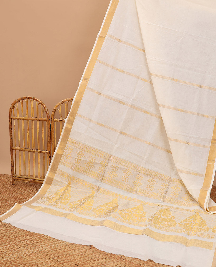 Cream kerala saree with zari stripes, zari border & pallu of floral designs