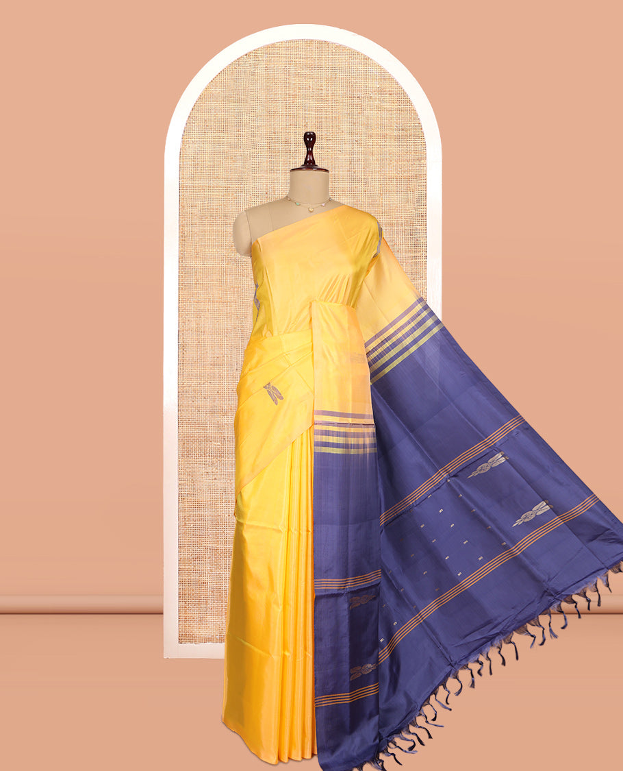 Borderless Yellow Banana Pith Saree, Subtly Woven with Buttas, a Contrast Pallu of Buttas and Stripes, and a Contrast Blouse