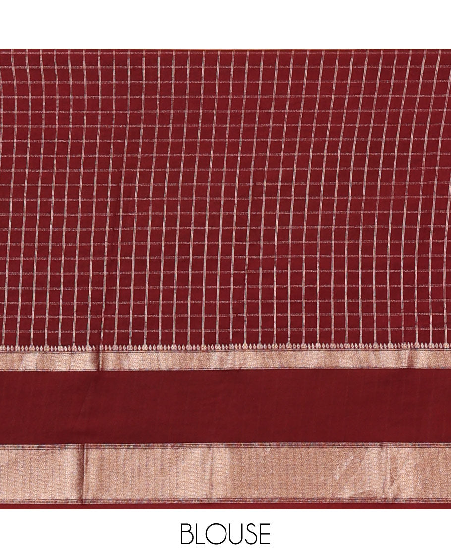 Peach Assam Silk Saree Subtly Sparkled with Micro-Checks, Complemented by Captivating Contrast Zari-Decked Up Border, Gleaming Zari-Woven Pallu, and Paired with a Contrast Blouse