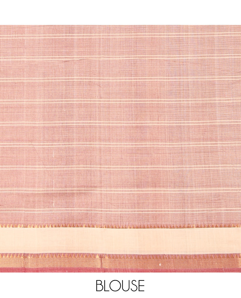 Red Mangalgiri Cotton Saree, Adorned with Checked Design on Its Body, Complemented by Contrast Temple Border, Zari Striped Pallu, and Paired with Contrast Blouse