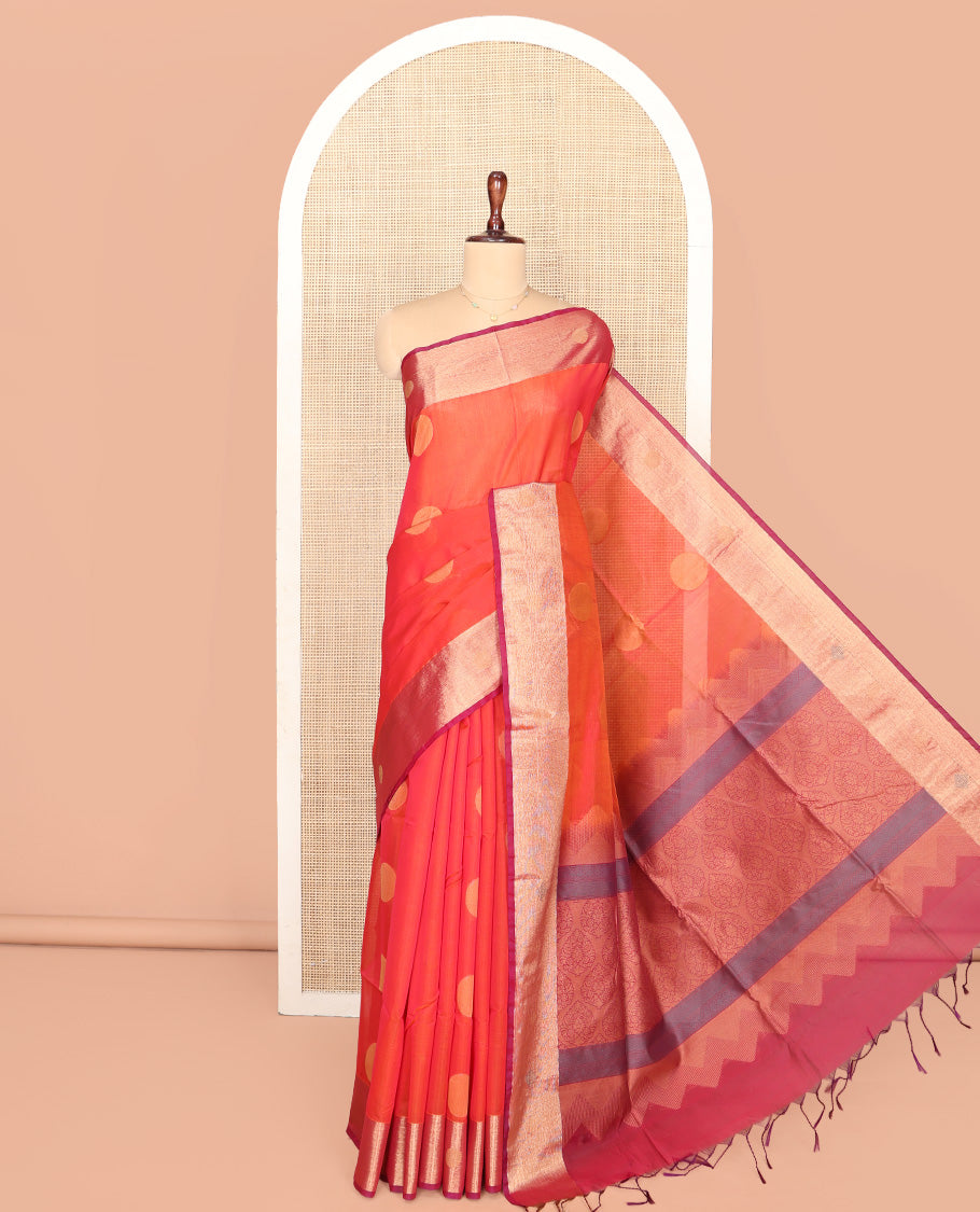 Orange Striped Silk Cotton Saree, Graced with Polka Buttas, Complemented by a Contrast Zari Border, Intricately Designed Pallu, and a Contrast Blouse