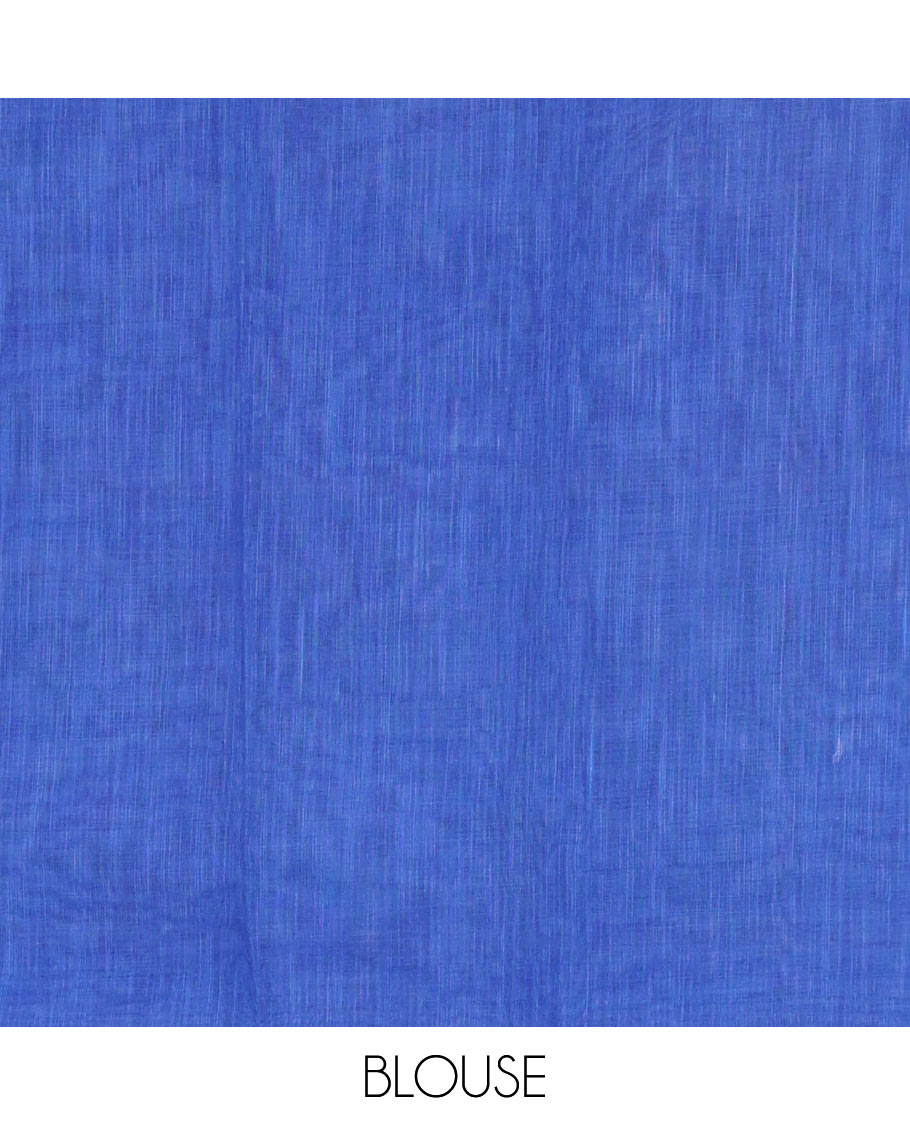 Blue floral motifs printed linen cotton saree with contrast kalamkari floral vine printed border, floral vine printed pallu, and a plain blouse