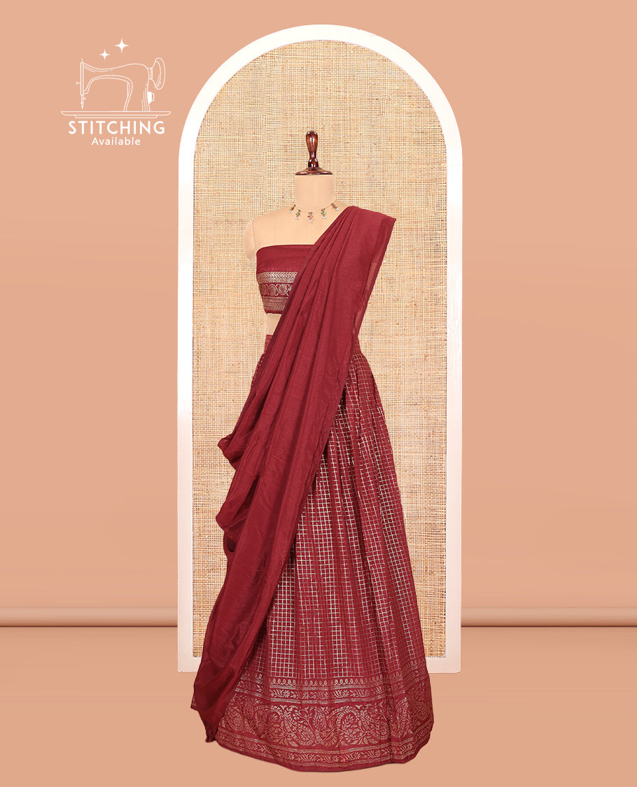 Maroon Vichitra Silk Half Saree with Zari Checks, a Traditional Zari Border, Matching Blouse and a Dhavani