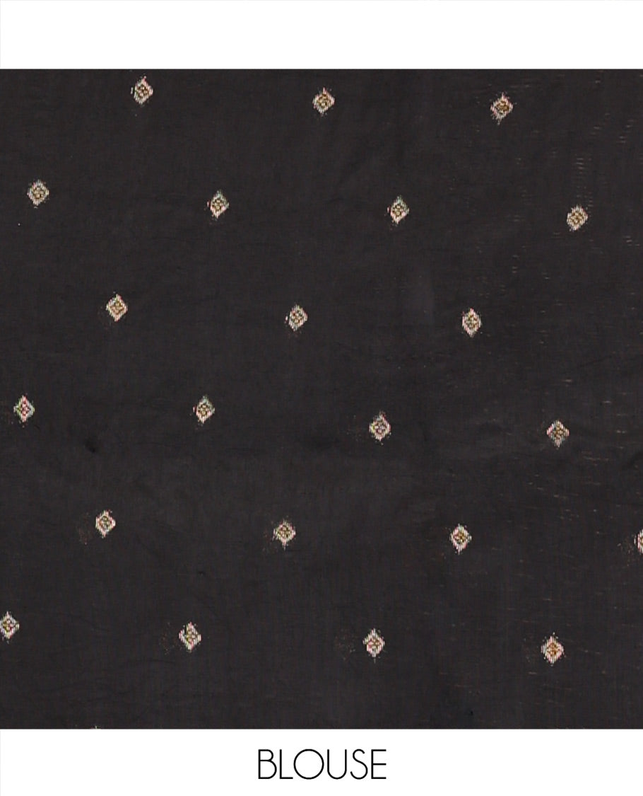 Black Chanderi Cotton Saree, Bedecked with Geometric Web-Patterns Weave On Its Body, Subtle Geometric Border, Pallu of Geometric Weave, and Paired with a Matching Blouse