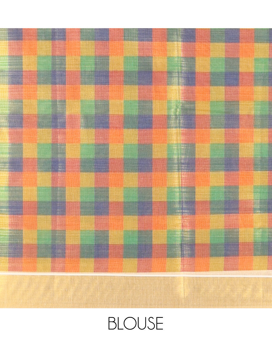 Gold-Mehendi Kerala Tissue Cotton Saree Features Madras Checked Buttas, a Zari Checked Border, and a Contrast Blouse