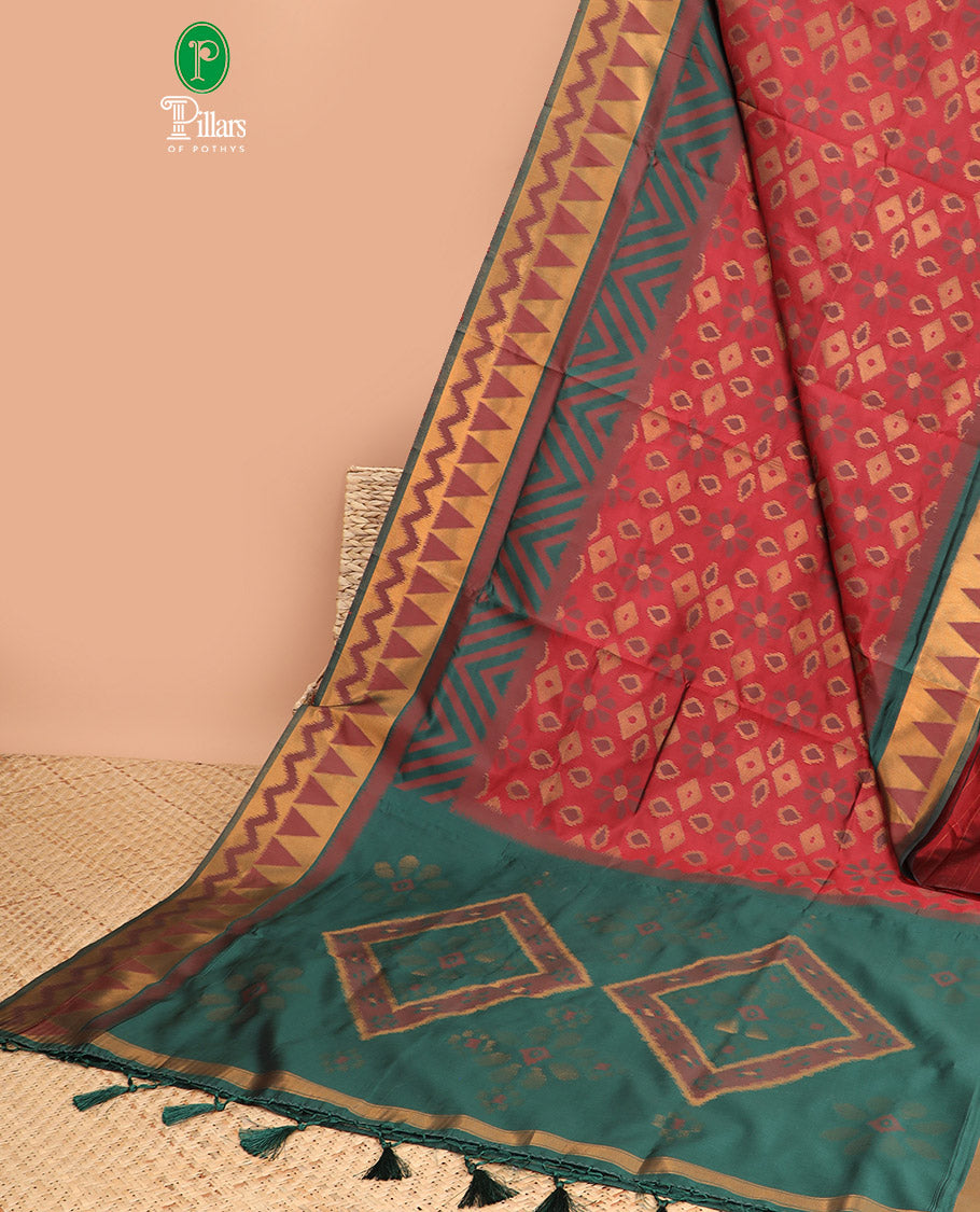 Red allover zari thread patola weaving design mulburry silk saree with contrast gold zari weaving border & patola weaving rich pallu along with gold zari vertical lining design blouse