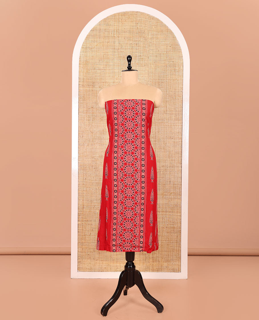 Red Rayon Material Chudidhar Set, Adorned with Ajrakh-Style Floral Printed Top, Elegantly Printed Bottom, and Rayon Dupatta of Ajrakh-Style Floral and Tree Motifs Print