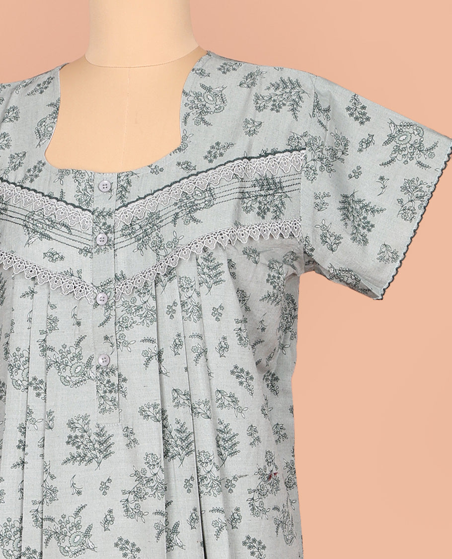 Grey Cotton Nighty Embellished with Floral Print, Featuring Lace Work, Square Front Neck, and Half Sleeves