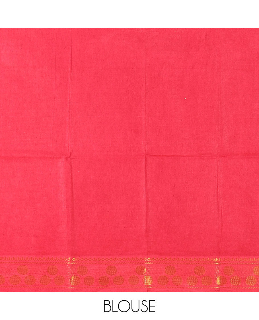 Off-White and Red Plain Sungudi Cotton Saree Adorned with a Contrast Border of Temple and Zari Checks Designs, Subtly Zari Striped Pallu, and Paired with a Contrast Blouse