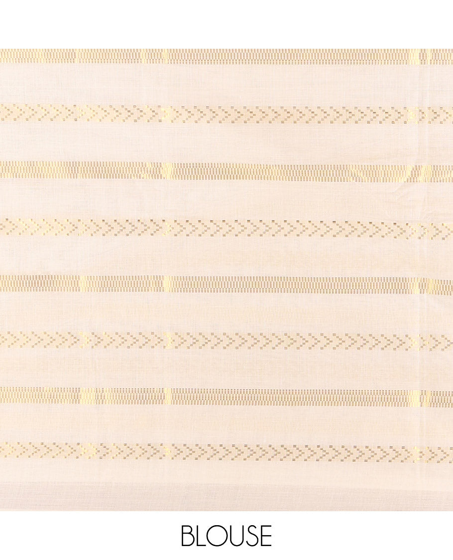 Borderless Cream Kerala Tissue Saree, Richly Detailed with Geometric Zari Stripes, and a Matching Blouse