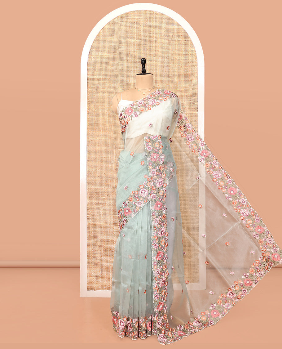 Green Organza Saree, Mesmerized with Floral Thread Buttas, Scallop Floral Embroidery Border, and Matching Blouse