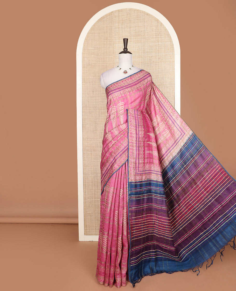Pink zari checks and cypress tree style like printed tussar silk saree, thin piping border, and contrast multi-colored thread stripes embroidered pallu
