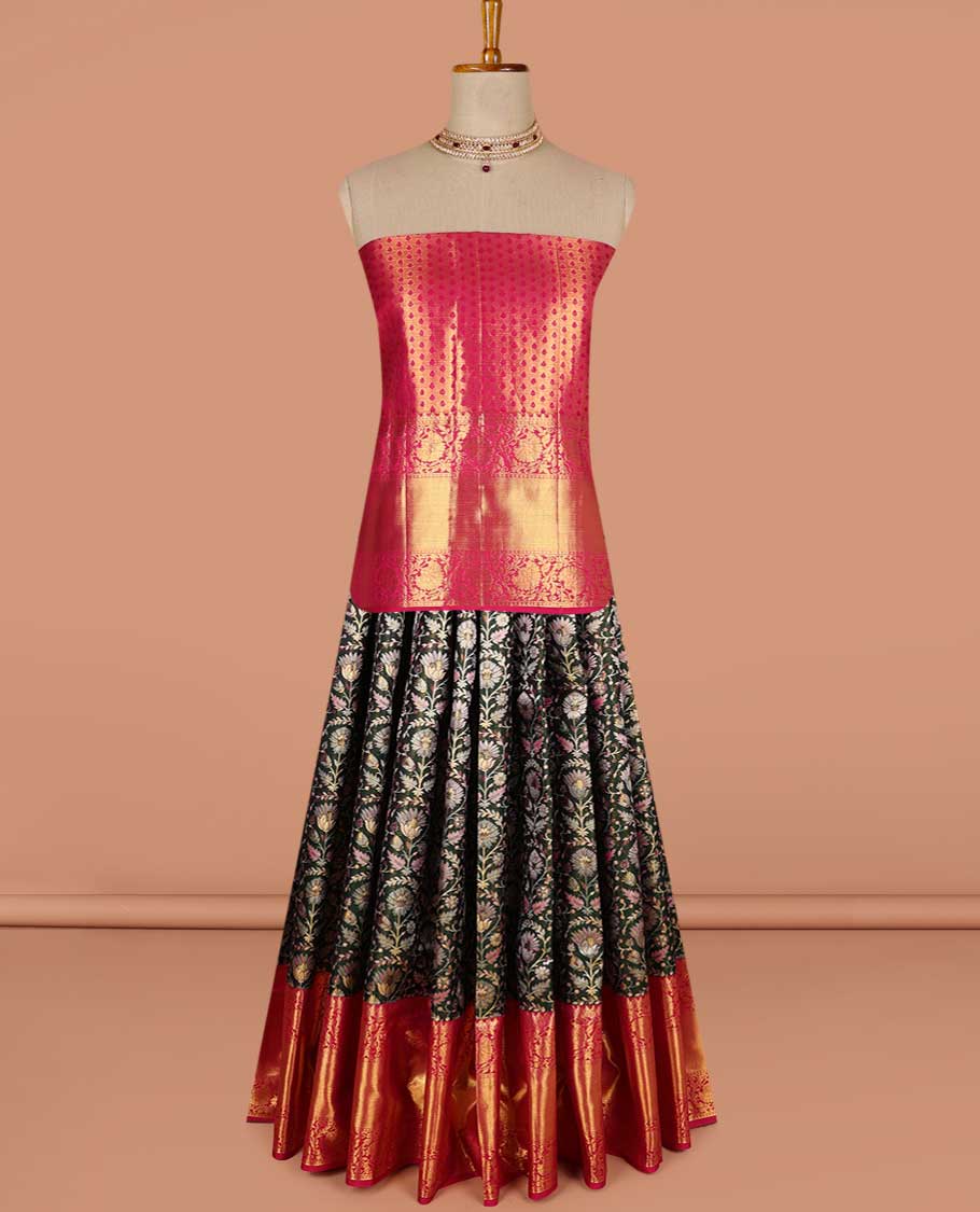 Black floal jacquard pure silk half saree with contrast floral border , zari design blouse & floral zari design dhavani