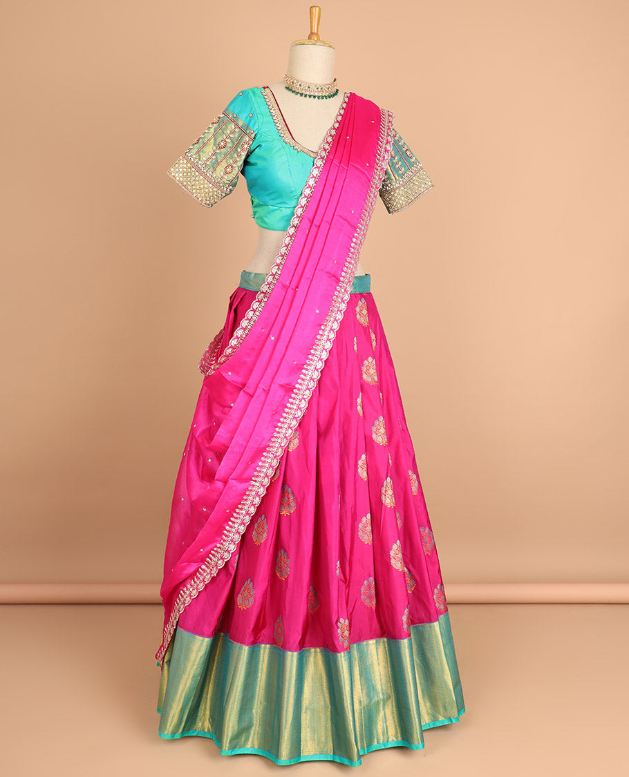 Pink floral buttas art silk half saree with contrast zari design border , floral embroidery blouse & floral stone embroidered scallop border