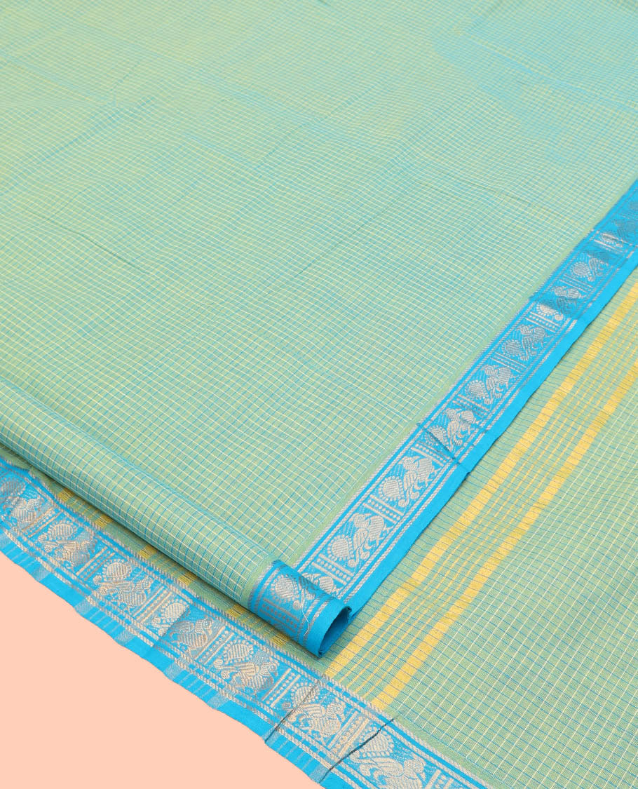 Blue Nine Yard Cotton Saree, Elevated with Checked Design All Over Its Body, Complemented by Contrast Zari Peacock Motifs Border, Striped Pallu, and Comes Without a Blouse