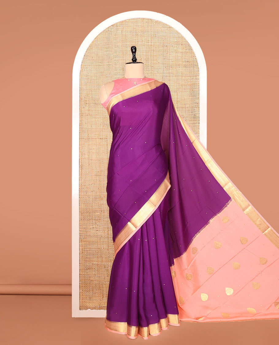 Purple Mysore Silk Saree, Adorned with Buttas, Complemented by a Contrast Traditional Zari Border, Zari Design Pallu, and a Contrast Blouse