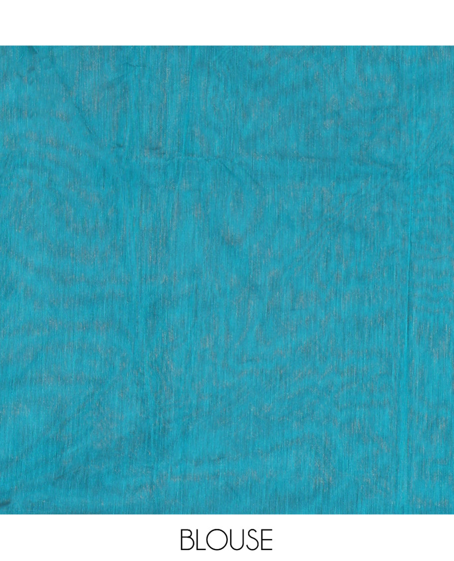 Borderless Navy Semi-Silk Cotton Saree Accentuated with Circle Zari Buttas, a Contrast Intricate Pallu, and a Contrast Blouse