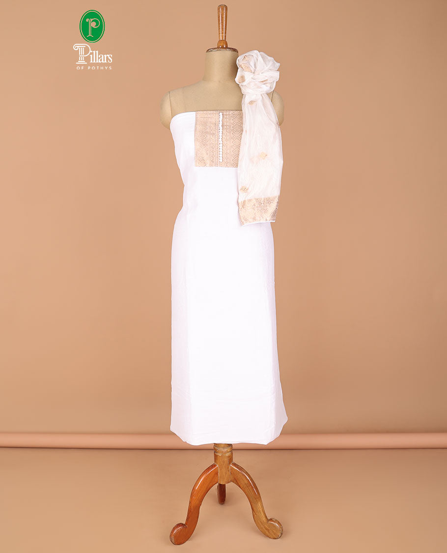 Cream chudidhar matrial vichitra silk neck zari border with bum bum work , santoon material pants & organza banarasi zari border, zari buttas dupatta