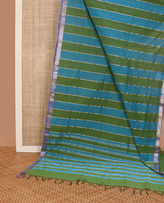 Blue with green striped mangalgiri cotton saree with contrast temple border