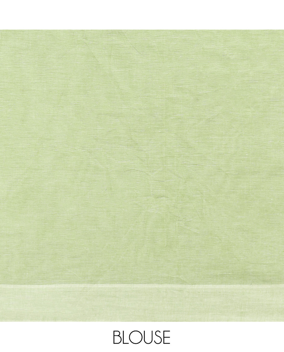 Pale Green Coimbatore Cotton Saree, Subtly Sparkled with Geometric Design on Its Body, a Subtle Diamond Border, Pallu of Ogee Patterns, and Paired with Matching Blouse