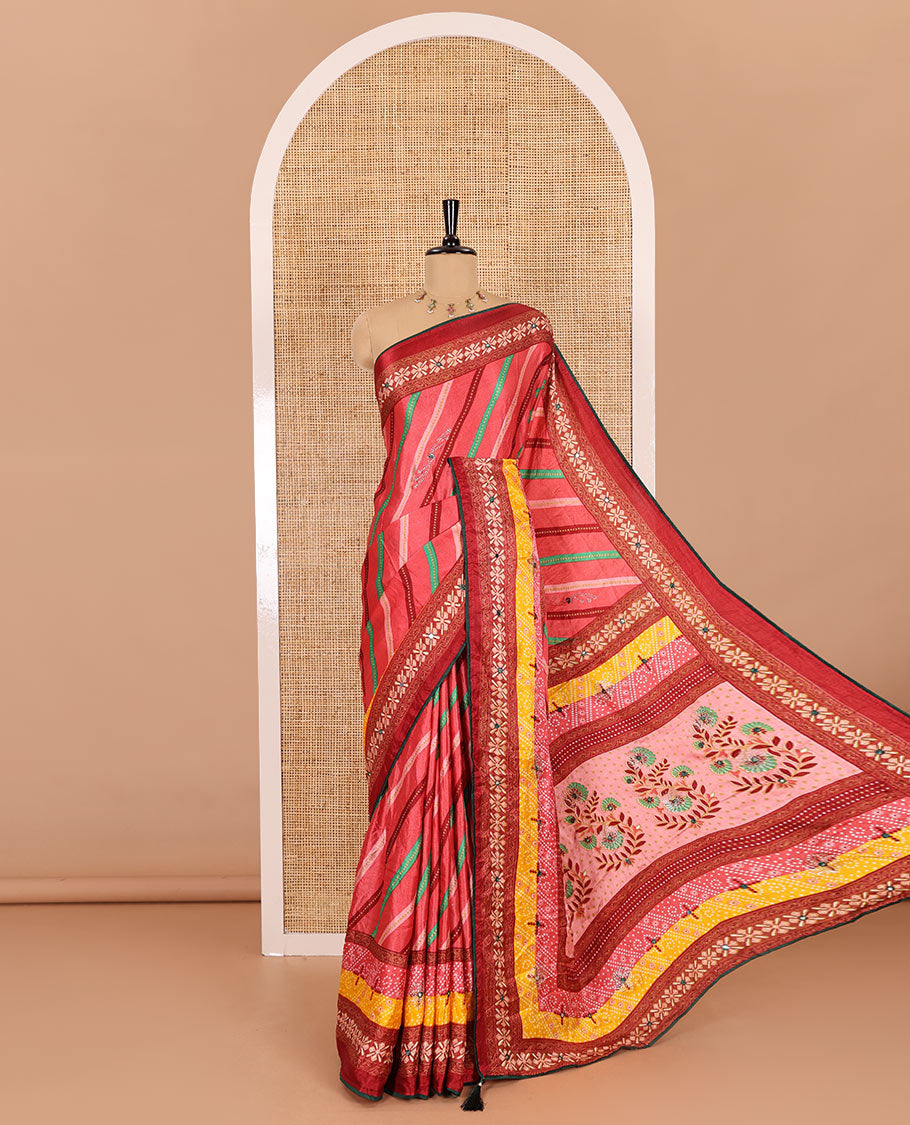 Pink leheriya striped printed, mirror and stone work moss chiffon saree, contrast bandhani printed mirror work border, floral print, mirror and stone work pallu with a contrast plain blouse