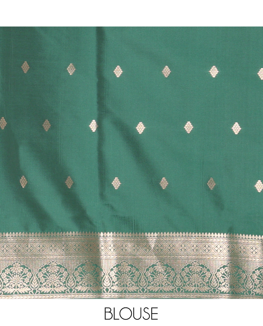 Mustard Zari Design Elite Soft Saree, Contrast Rettai Pettu Border, Grand Pallu, and a Contrast Blouse
