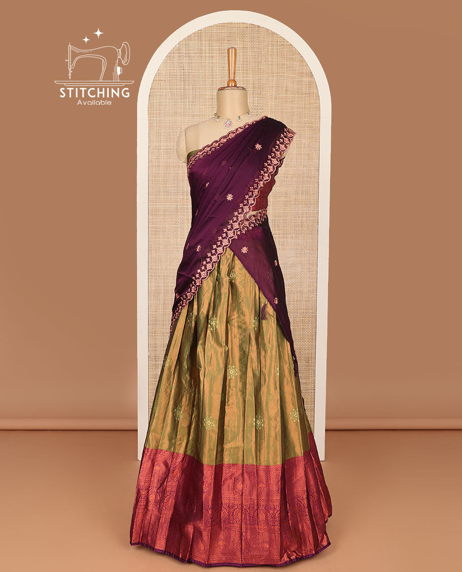 Green buttas embroidery half saree with contrast zari design border, zari design blouse & floral embroidery scallop border dhavani