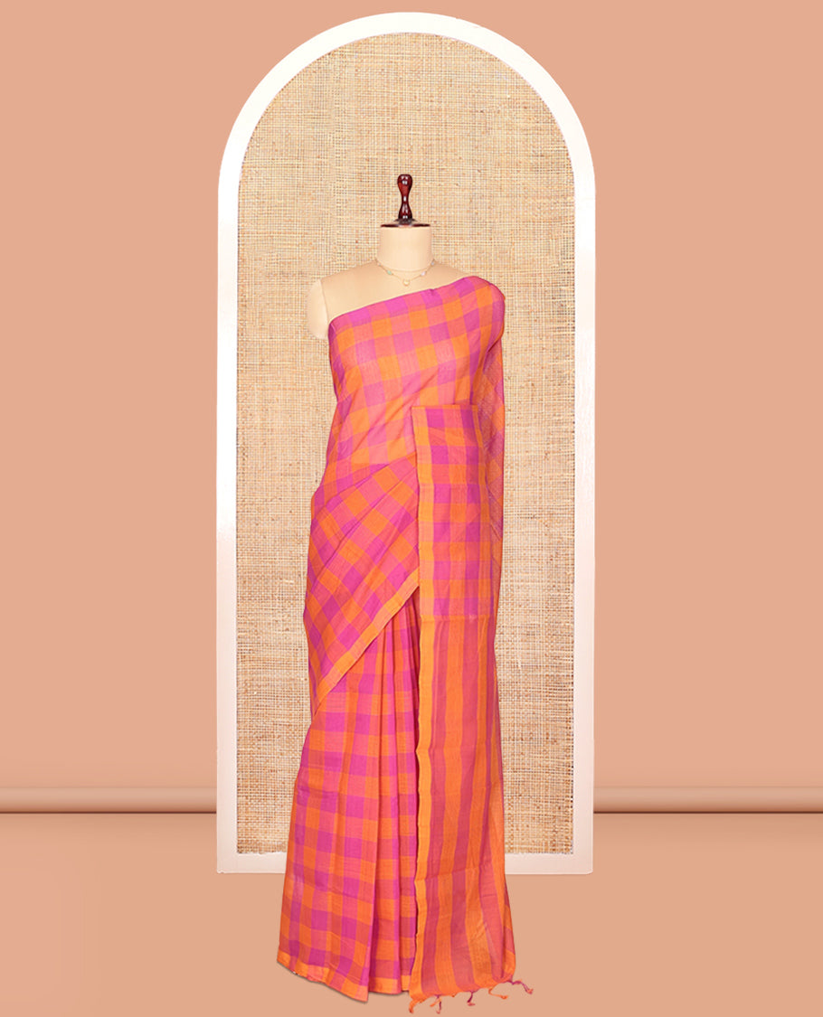 Borderless Pink-Orange Mangalagiri Cotton Saree