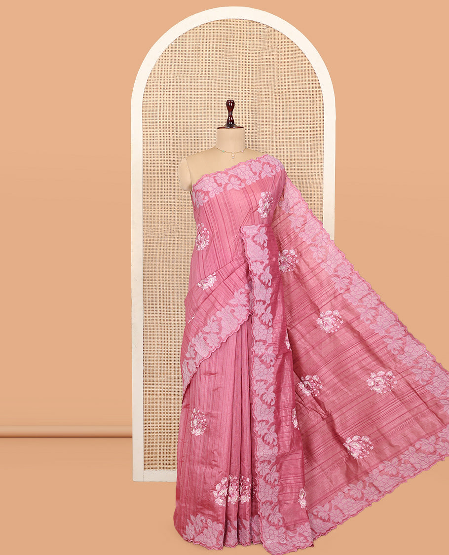 Pink Tussar Silk Saree Features Stripes and Floral Embroidery, a Scallop-Embroidered Border, and a Matching Blouse