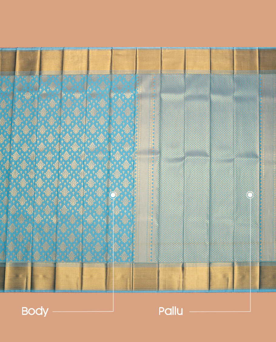 Sky Blue Budget Silk Saree, Enriched with Zari Buttas All Over Its Body, Highlighted by Traditional Zari Designs Woven Border, Grand Pallu, and Paired with a Matching Blouse - Inspired by Trisha