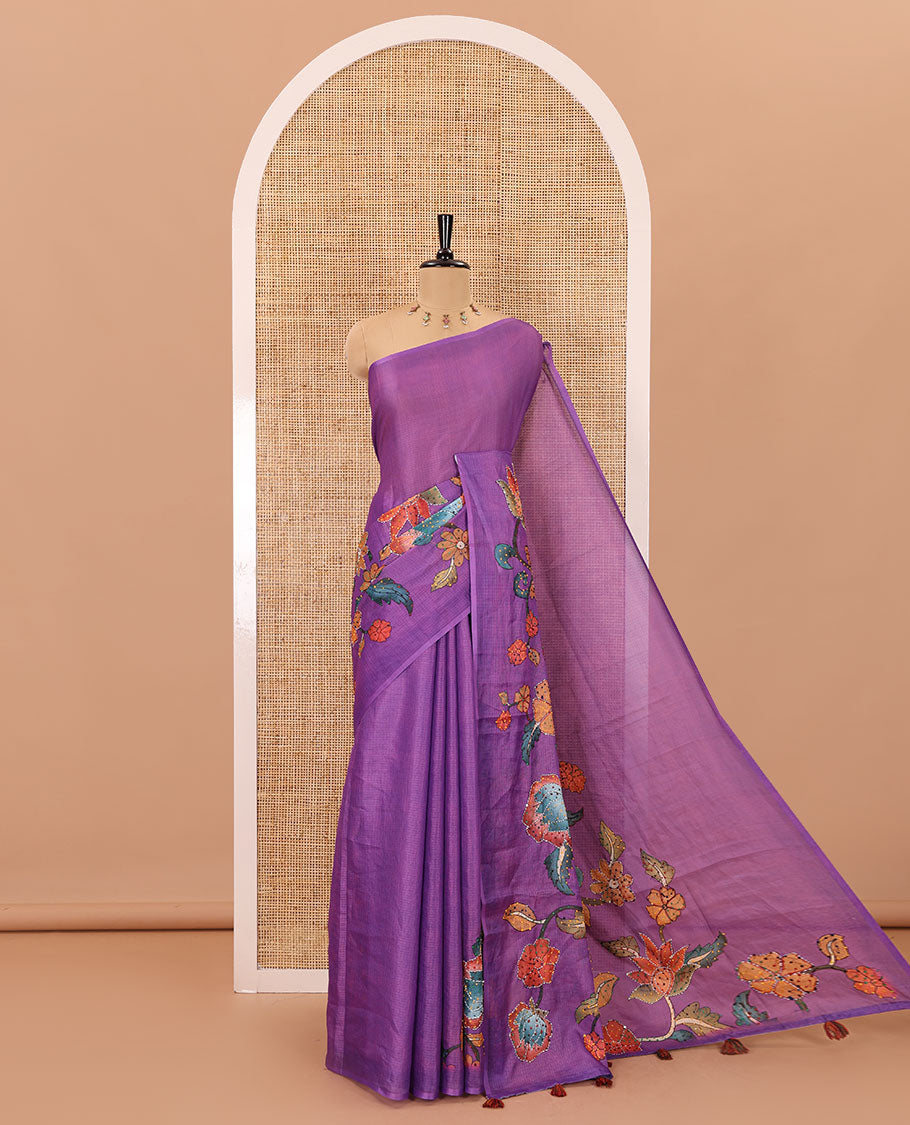 Borderless purple kalamkari floral vine printed with French knot and kanta embroidered kotta silk saree, printed and French knot embroidered matching blouse