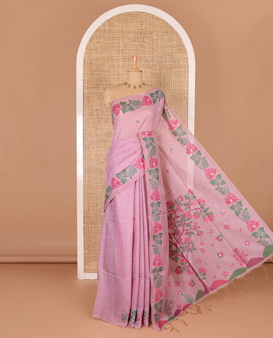 Pink resham thread buttas Munga cotton saree, jamdani floral creeper border, jamdani floral pallu, and contrast floral zari buttas blouse