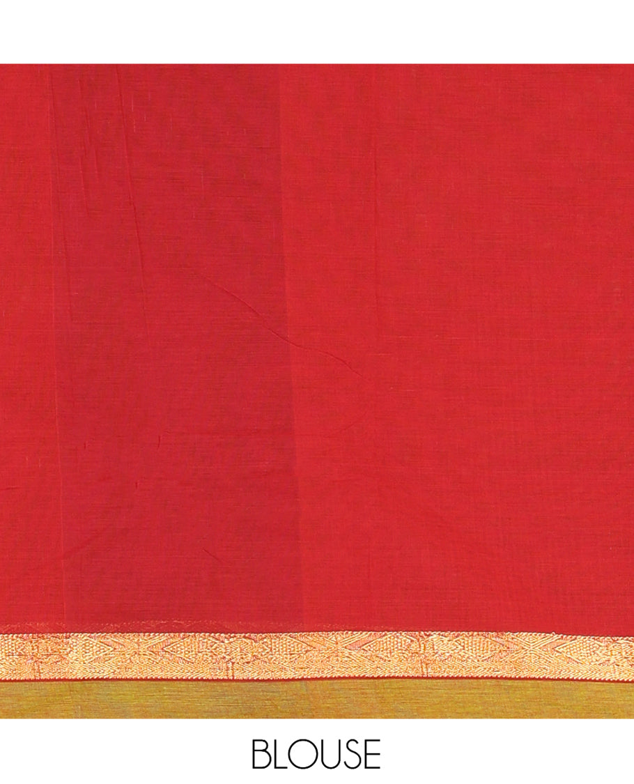 Maroon Plain Chettinad Cotton Saree, a Contrast Ganga-Jamuna Border, Striped Pallu, and a Matching Blouse