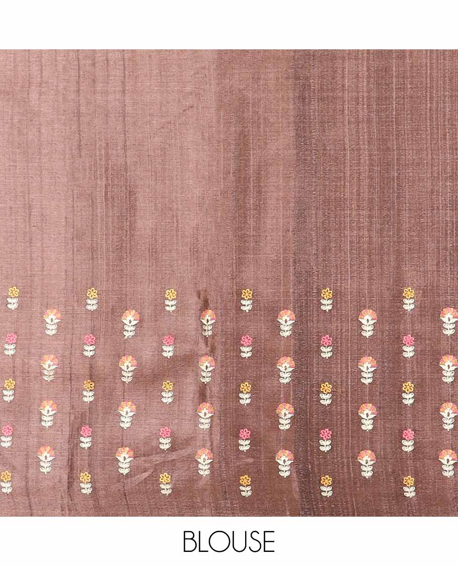 Brown paisley thread embroidery tussar silk saree with self plain border