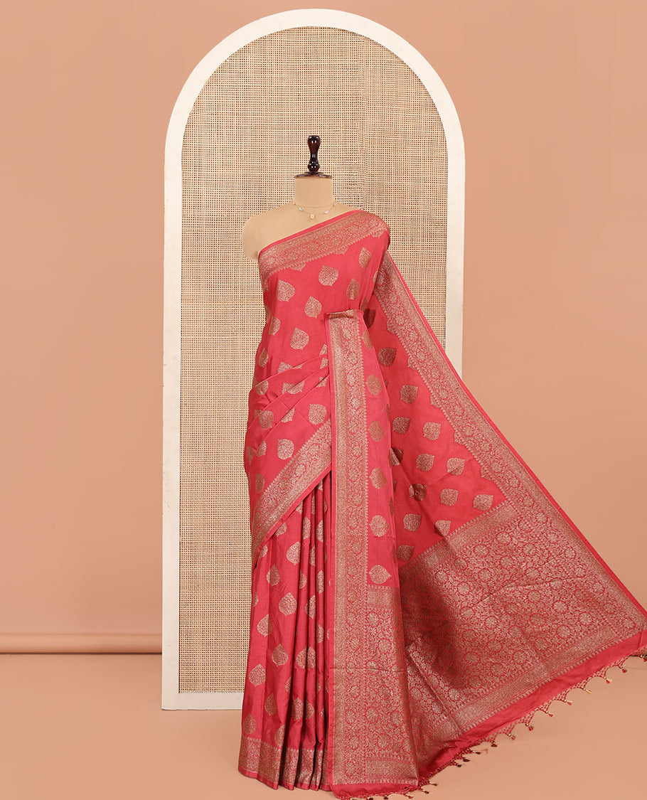Pink Mushru Silk Saree, Embellished with Floral Zari Buttas on Its Body, Sparsely Sparkled Zari Border of Floral Creeper Designs, Intricately Woven Pallu of Floral Jaal Designs, and Paired with a Matching Blouse