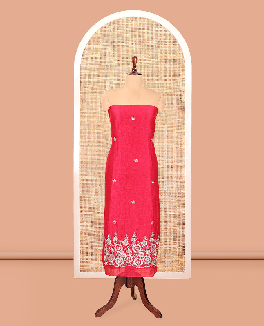 Magenta Semi-Silk Material Churidar Features a Floral Embroidered Top, a Matching Bottom, Embroidered Dupatta