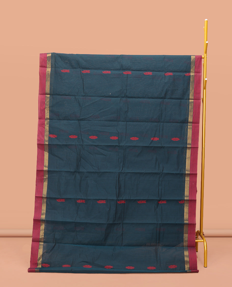 Teal Blue Kanchi Cotton Saree, Elevated with Thread Buttas On Its Body, Complemented by a Contrast Border, Floral-Design Pallu, and a Matching Blouse