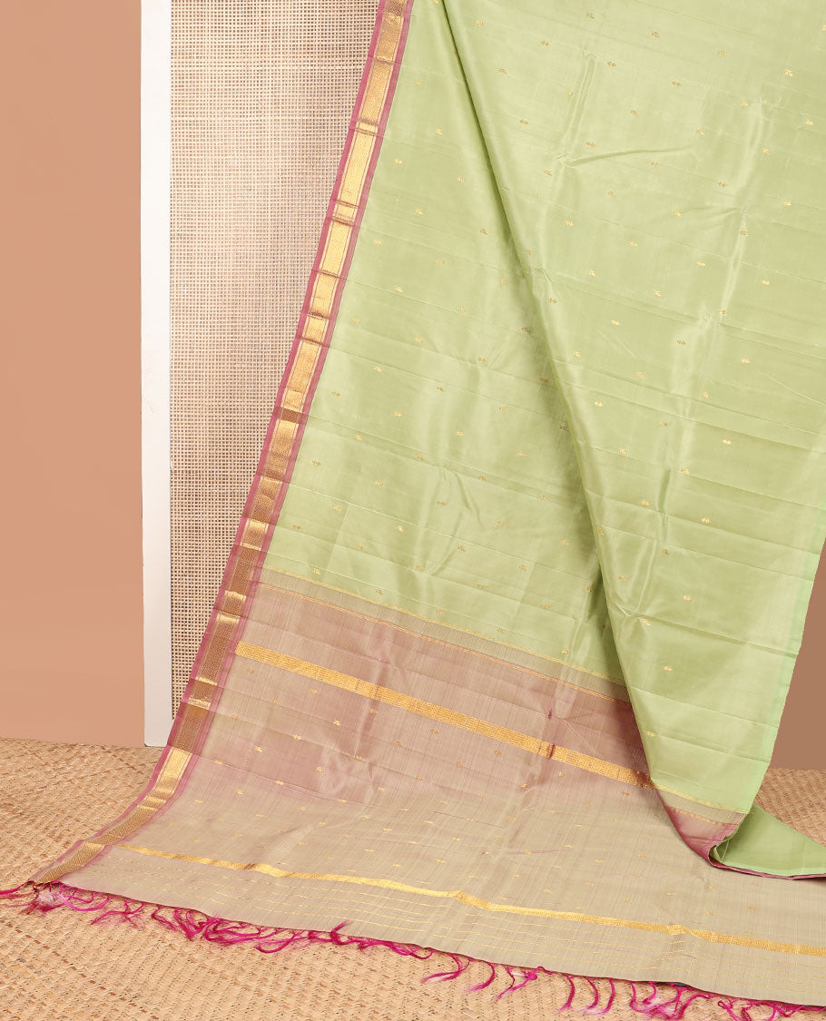 Mint green buttas kancheepuram silk saree with contrast border of banaras, kuyil kann design & zari design pallu