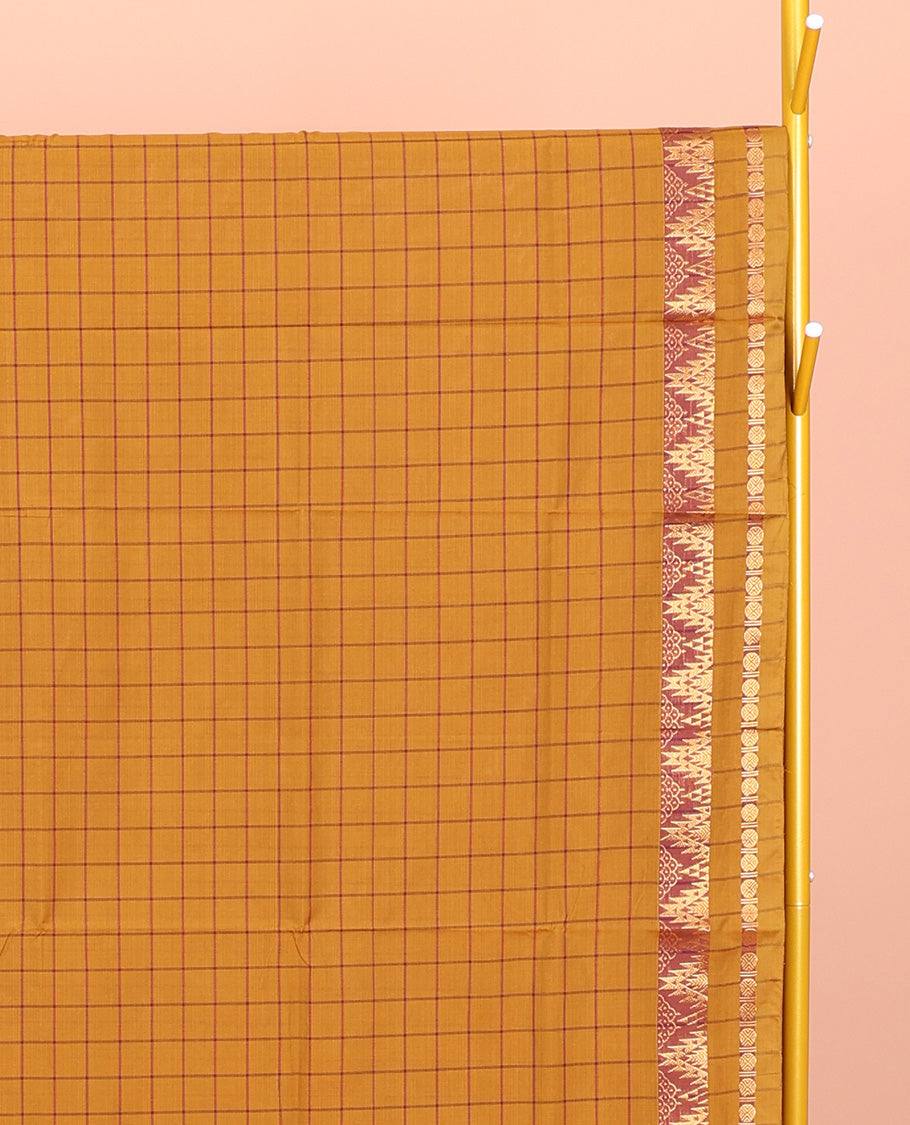 Mustard Chettinad Cotton Saree, Subtly Sparkled with Checks, Highlighted by Traditional Zari Temple Border, Striped Pallu, and No Blouse