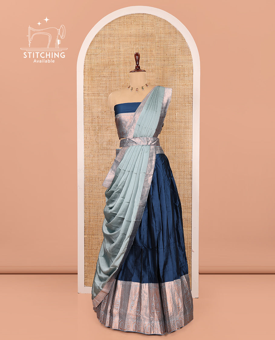 Blue Semi-Banaras Half-Saree, Plain Contrast Intricate-Bordered Skirt, Matching Blouse, Contrast Dhavani
