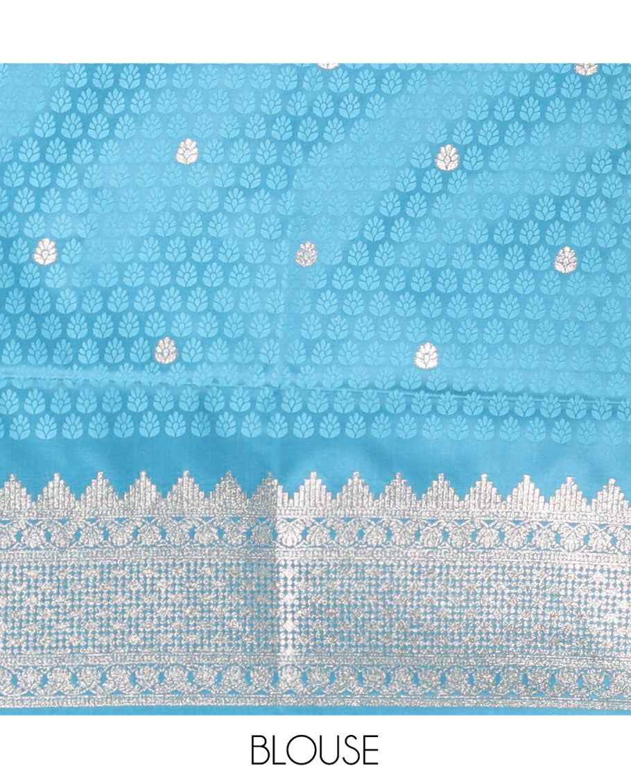 Blue Satin Silk Saree, Steeped in Richness of Buttas and Embossed Texture, Traditional Peacock Zari Border, Peacock Pallu, and a Matching Blouse
