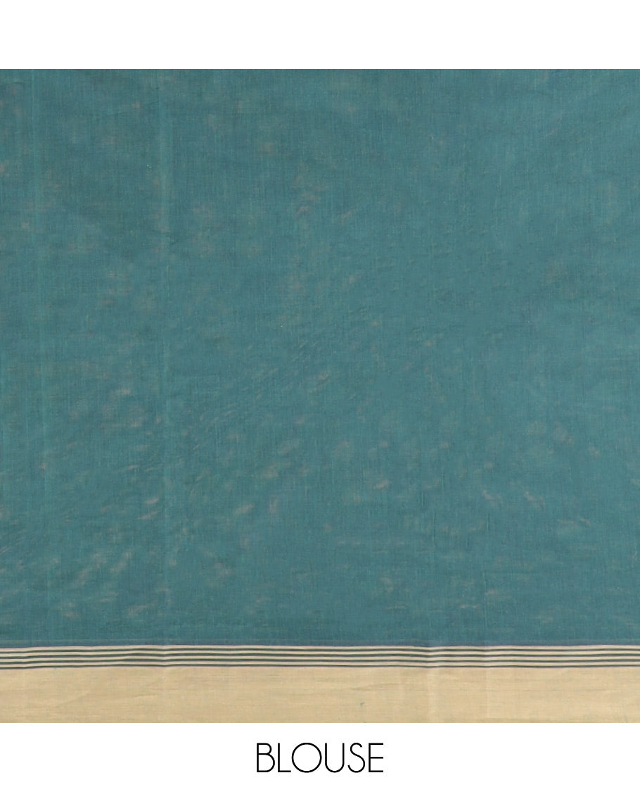 Dark green peacock motifs kanchi cotton saree with contrast striped border & floral motifs, striped pallu