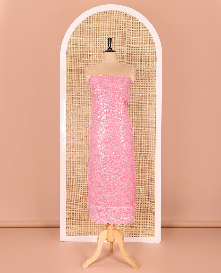 Pink Material Chudidar Set Features Sequin Embroidered Georgette Top, a Plain American Crepe Bottom, and a Scallop Dupatta Embellished with Floral Vine Embroidery
