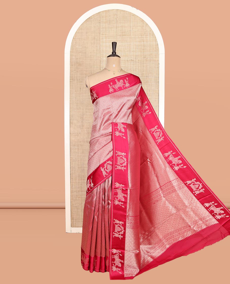 Rani Pink Russian Dola Silk Saree Features Jacquard, Wedding-Themed Border, Jaal Pallu, Matching Blouse