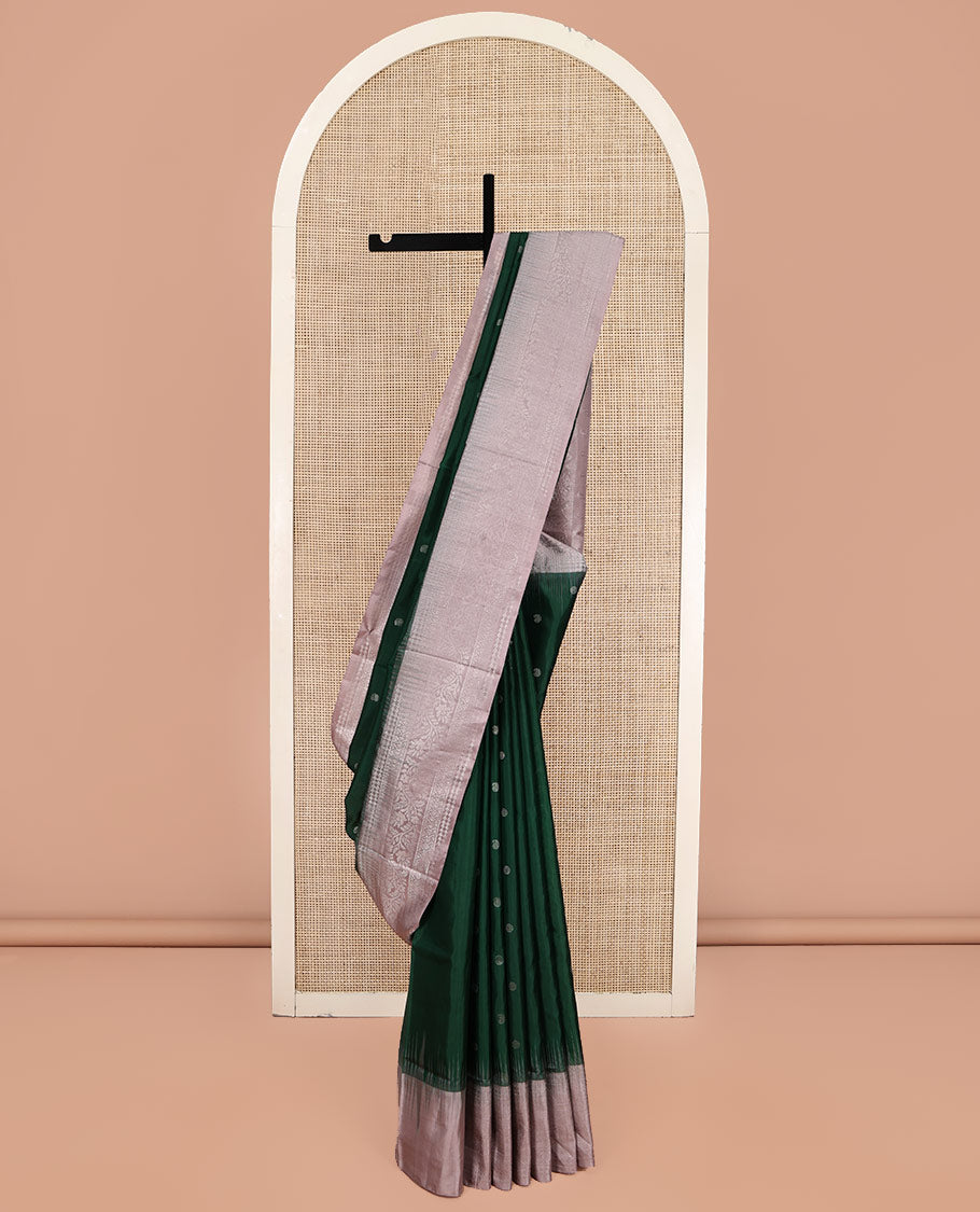 Green Mayuri Soft Silk Saree, Woven with Manga and Rudraksham Buttas, Complemented by a Contrast Border, Sparsely Woven Pallu, and a Contrast Blouse