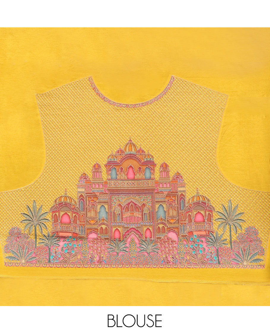 Yellow Plain Dola Silk Saree, Complemented by Captivating Contrast Border of Meenakari-style Mughal Human Figurines, Pallu Artfully Pictures Mughal Human Figurines, and Paired with a Matching Blouse